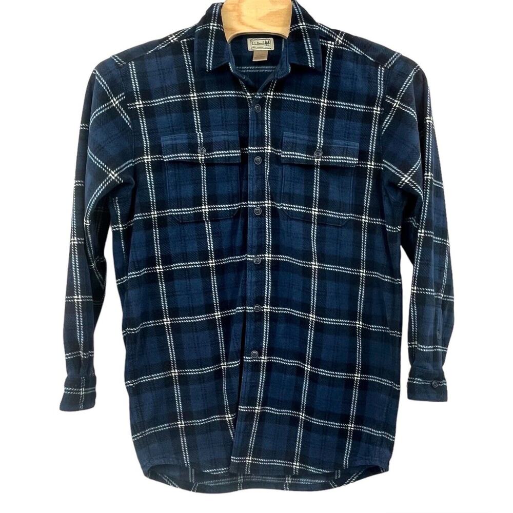 L.L. Bean Fleece Blue Plaid Button Up Soft Shirt Shacket 273075 Mens Medium Tall